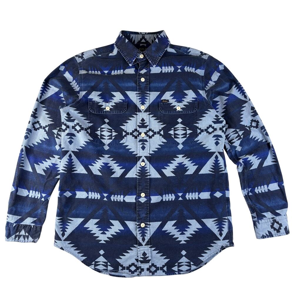 Polo Ralph Lauren Blue Indigo Aztec Southwestern Jacquard Shirt Size M Cotton